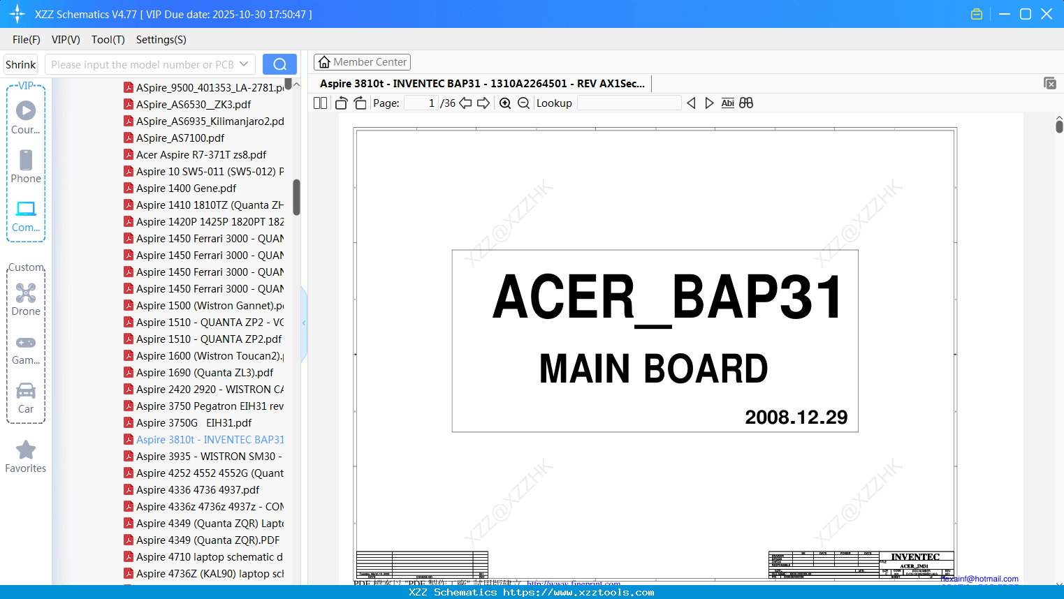 Laptop ACER Aspire 3810t - INVENTEC BAP31 - 1310A2264501 - REV AX1Sec